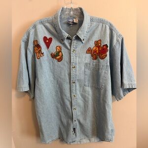 Custom Vintage Teddy Bear Denim Short Sleeve Shirt Large teacher Cottagecore